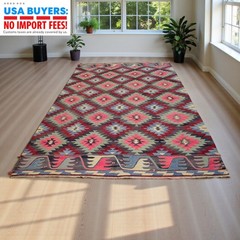 Vintage 1960s Turkish Rug Kilim 6×10 Flat Weave Area Rug Natural Wool & Dyes