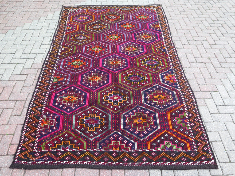 Multicolor Area Rug Boho Rug Vintage Turkish Kilim Embroidery Kelim Rug 72"x118"