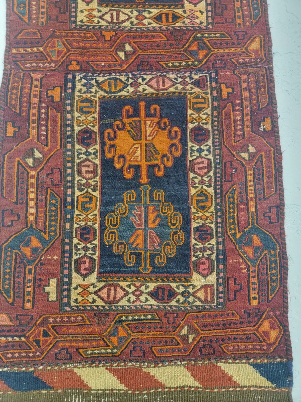 Antique Oriental Hand-Knotted Wool Area Rug Red/Blue/Beige/Green 1'6" x 4'8" gallery