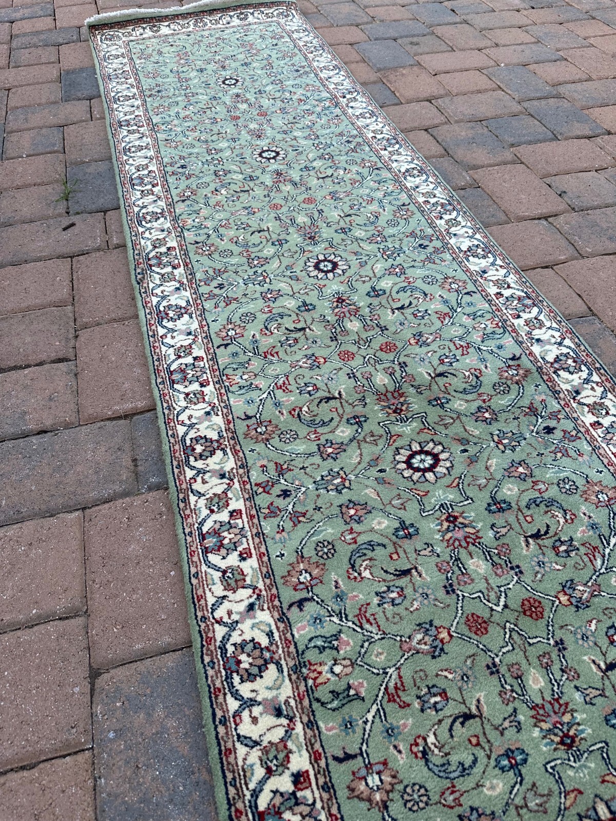 Top Quality Vintage Mint Green Oriental Handmade Runner, Floral Design, 3'x13' gallery