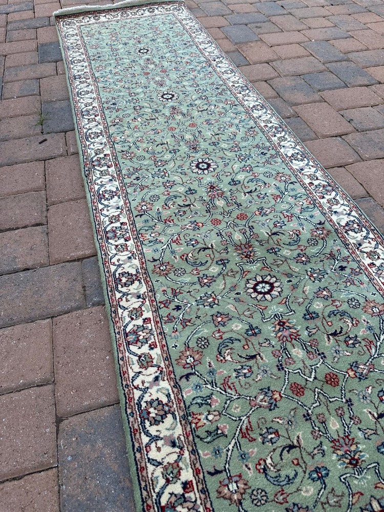 Top Quality Vintage Mint Green Oriental Handmade Runner, Floral Design, 3'x13'