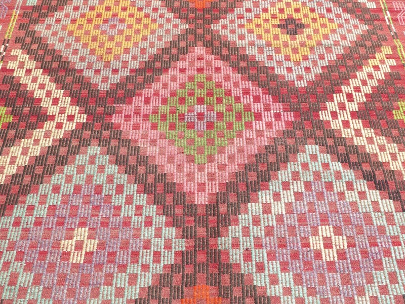 Large Multicolor Diamonds Turkish Rug, Vintage Handwoven Carpet Kelim 73"x115" gallery