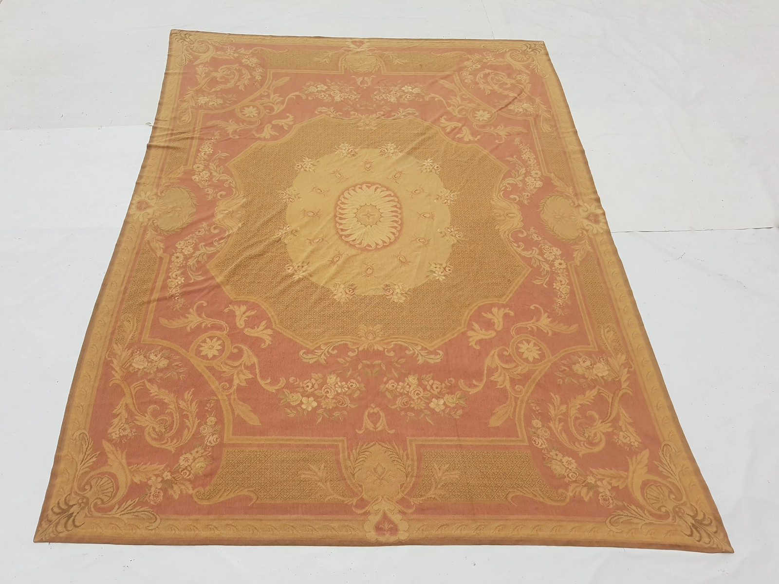 Vintage French Handwoven Floral Pink Beige Wool Rug Carpet 11.1x8.3ft gallery
