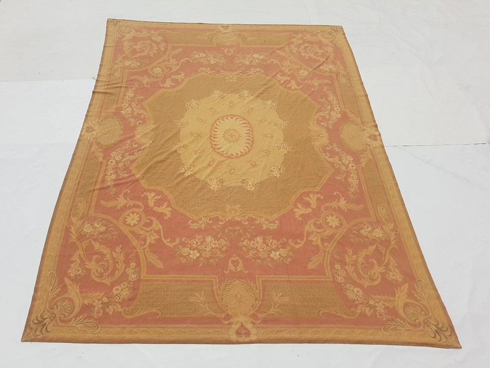 Vintage French Handwoven Floral Pink Beige Wool Rug Carpet 11.1x8.3ft