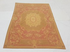 Vintage French Handwoven Floral Pink Beige Wool Rug Carpet 11.1×8.3ft