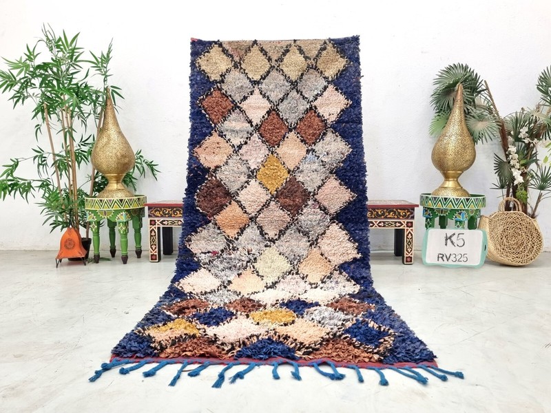 Moroccan Handmade Vintage Boucherouite 3'2x7'4Berber Geometric Blue Cotton Rug gallery