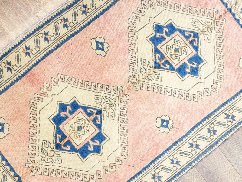 Turkish Oushak Wool Rug 4.2x6.5 ft – Faded Blush & Indigo – Japandi Entry Decor gallery
