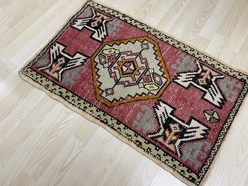 Antique Turkish Rug 1.8x2.8 ft Vintage Rose Pink Grey Small Mat Wool Tribal gallery