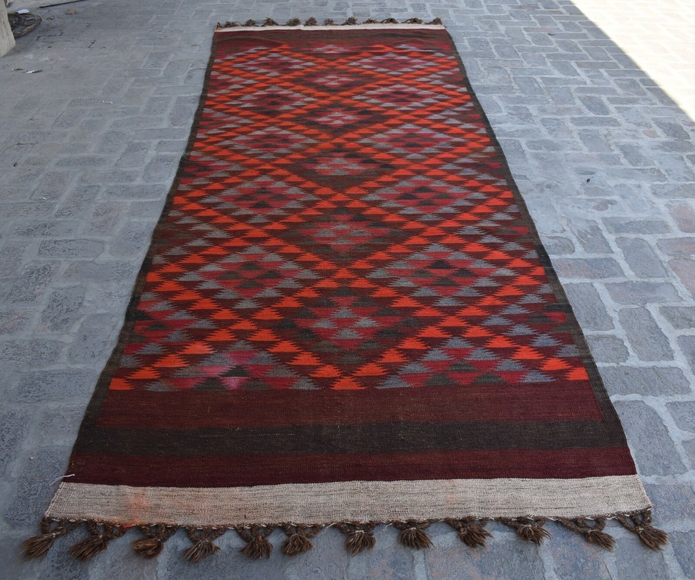 4'6 x 12'1 Ft, Handmade vintage afghan tribal maldari kilim rug, Unique wool rug