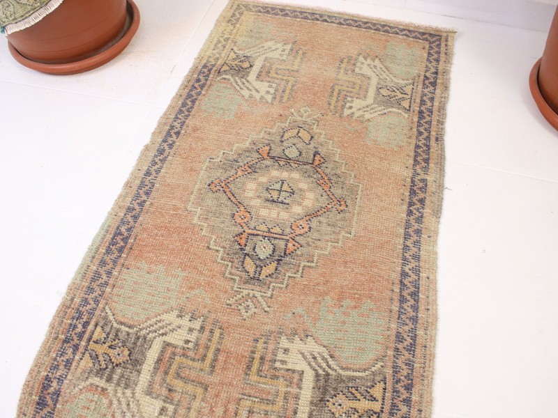Vintage Turkish Door Mat 1.8x3.7 ft | Handmade Wool Tribal Accent Rug | 55x113 gallery