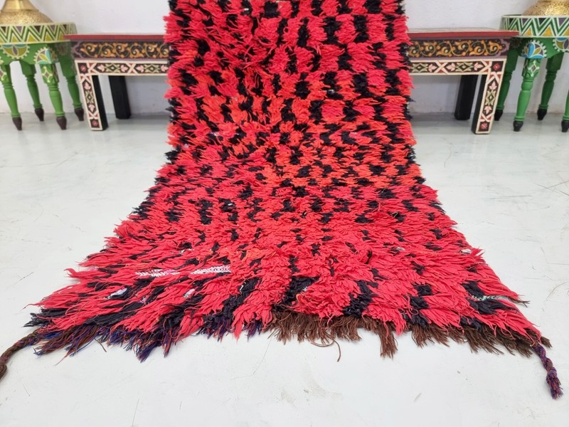 Moroccan Handmade Vintage Rug 2'7x7'7 Berber Checkered Red & Black Wool Carpet gallery