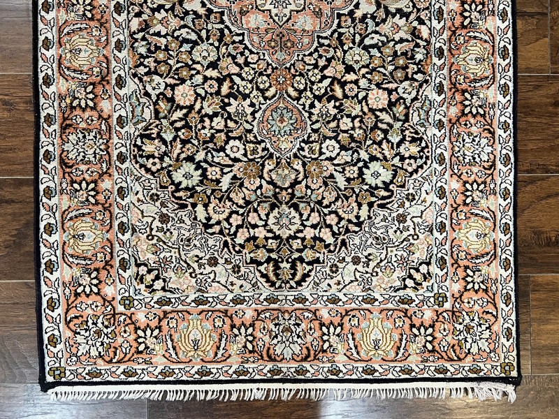 Silk Indian Kashmiri Rug 3x5 Silk on Silk Very Fine 350 KPSI Navy Blue Handmade gallery