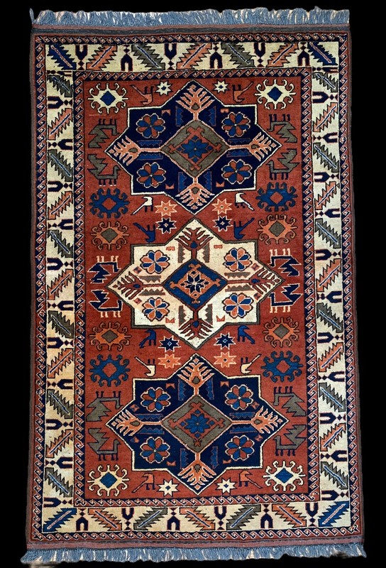 Antique Vintage Kazak Russian Area Rug 4x6 Vegetable Dye Rust Red Hand-knotted gallery