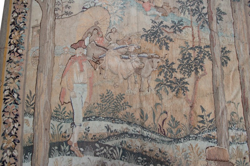 5x9 Antique French Verdure Figural Woven Tapestry 152cmx269cm Signed 1900 gallery