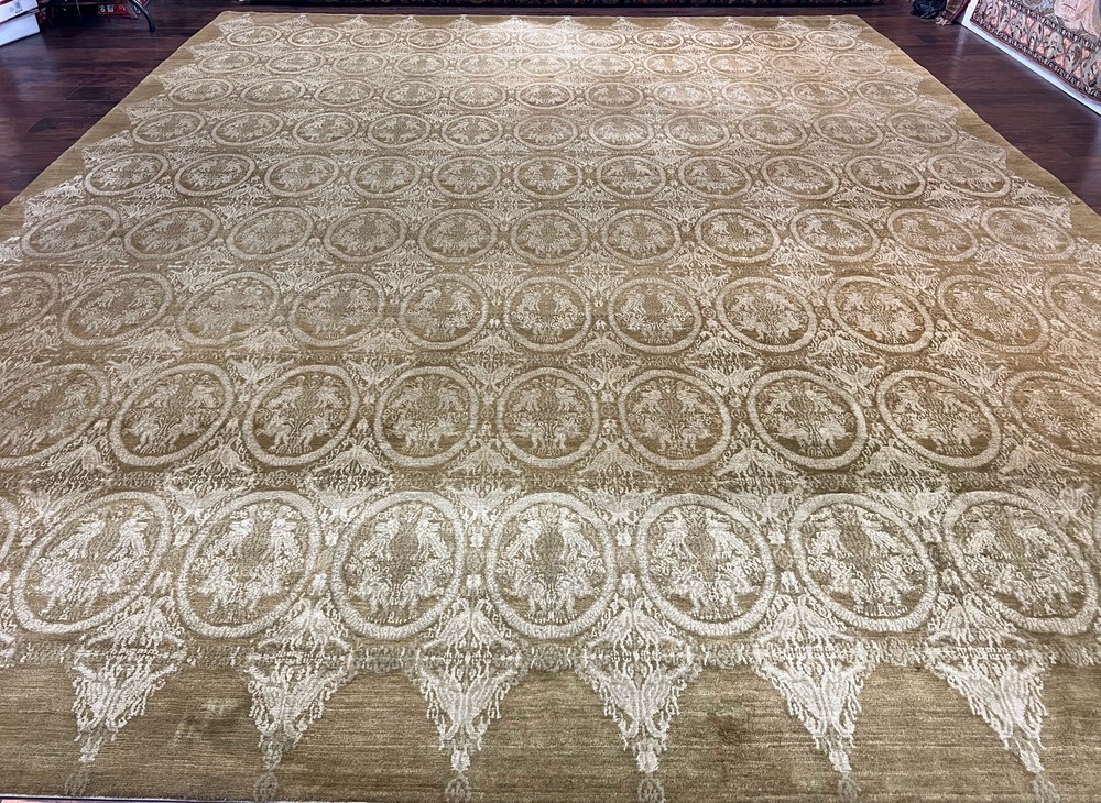 Tibetan Rug 12x15 Wool Olive Green Extra Large Handmade Contemporary Carpet