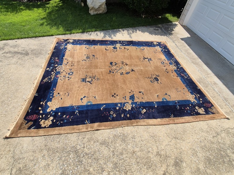 1920s Nichols Style Chinese Art Deco Wool Rug Blue & Tan Floral 9x12 gallery