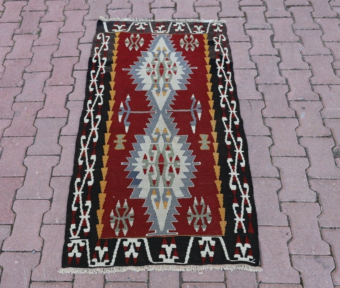 Cappadocia Tribal Vintage Carpet Anatolian Kilim Hand Knotted Black Rug 3x4 ft gallery