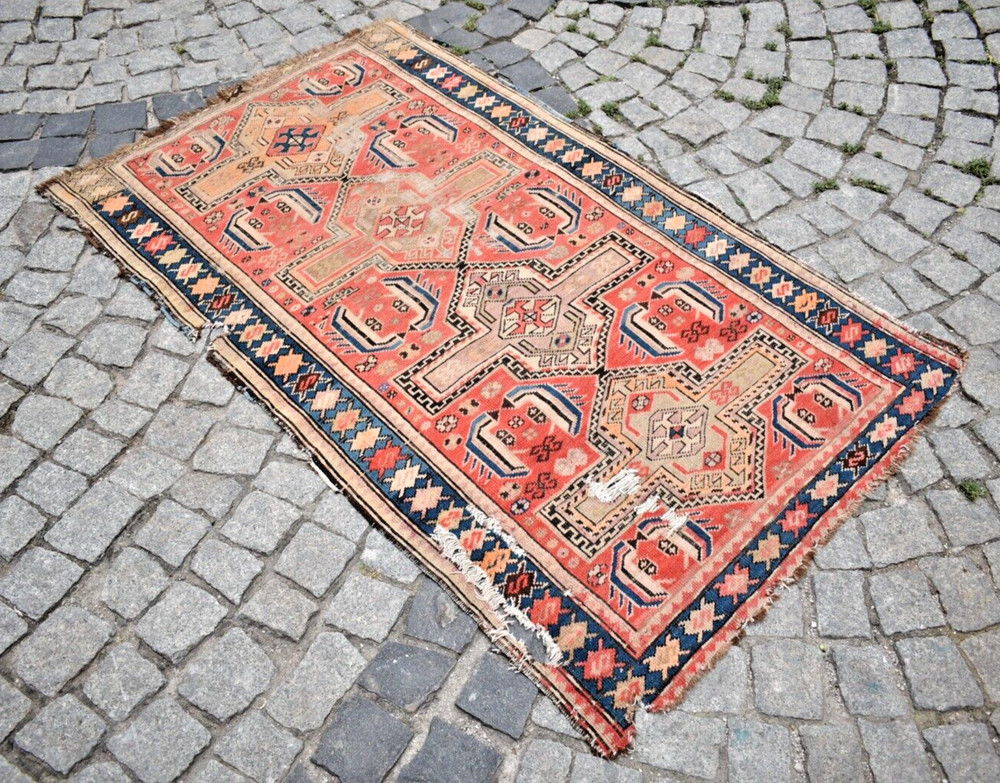 Antique Caucasian Fragment Rug 38'' x 64'' Collector Item Worn Antique Carpet
