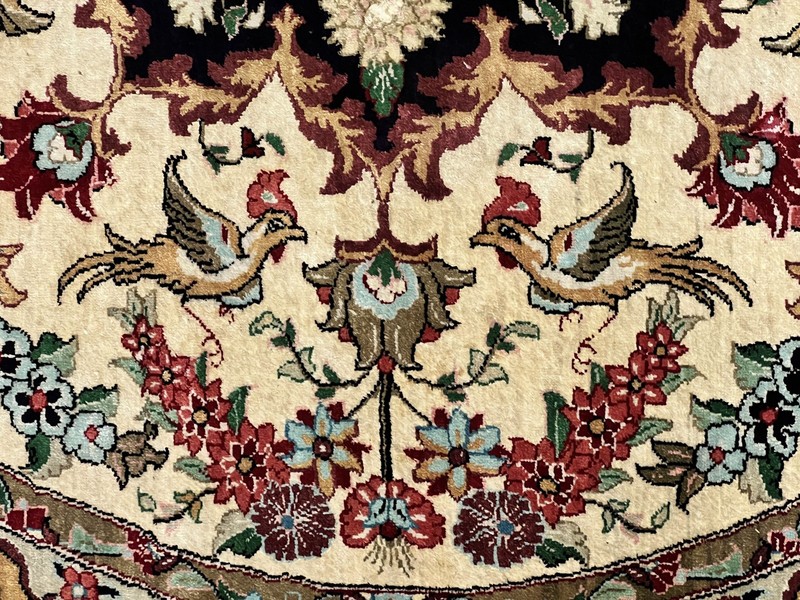 Silk Round Rug 3x3 Very Fine Handmade Carpet 380 KPSI Cream Gold Bird Pictorials gallery