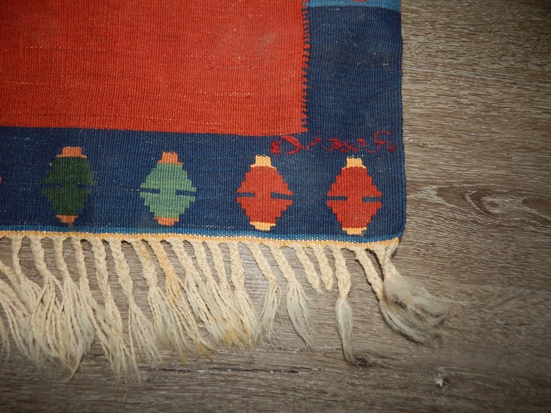 Vintage Hand Woven Dog Rug Wool Orange Blue Tan Wall Hanging 68"x46" Recep C gallery