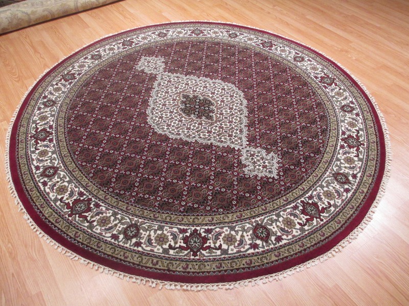 8 FEET ROUND INTRICATE MAHI IVORY/RED HANDMADE-KNOTTED WOOL/SILK RUG 583194 gallery