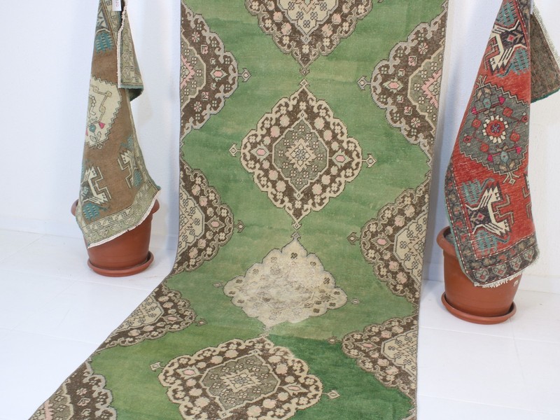 Vintage Turkish Runner 3.6x12.2 ft | Handmade Wool Green Hallway Rug | 110x372cm gallery
