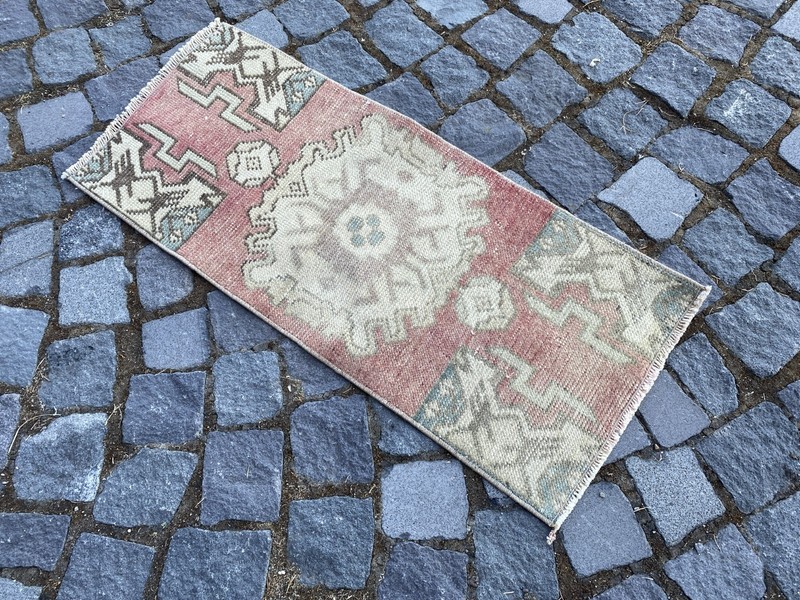 Vintage Turkish Rug, Hand-Knotted Wool, Dusty Rose Pink Small Doormat Mat Rug gallery
