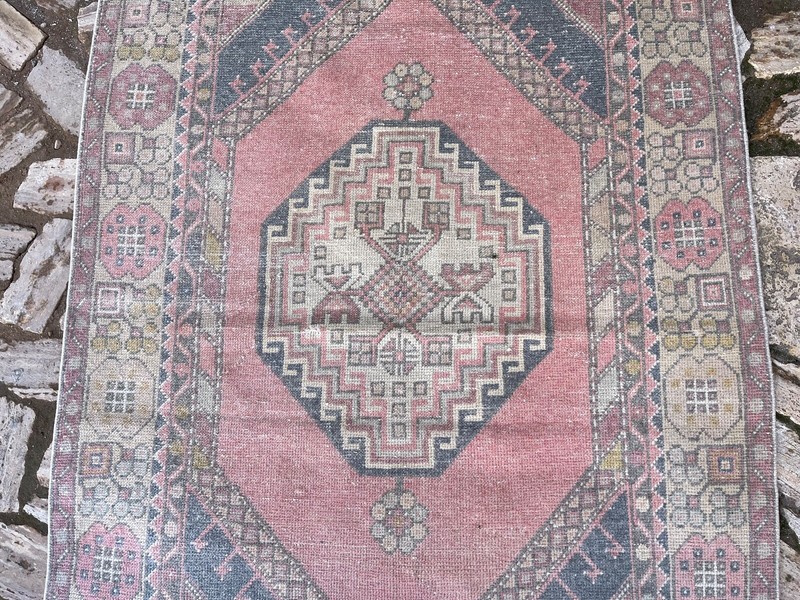 Vintage Area Hand-Woven Carpet 4x6 Pink Wool Oriental Rug Anatolian Medium Size gallery