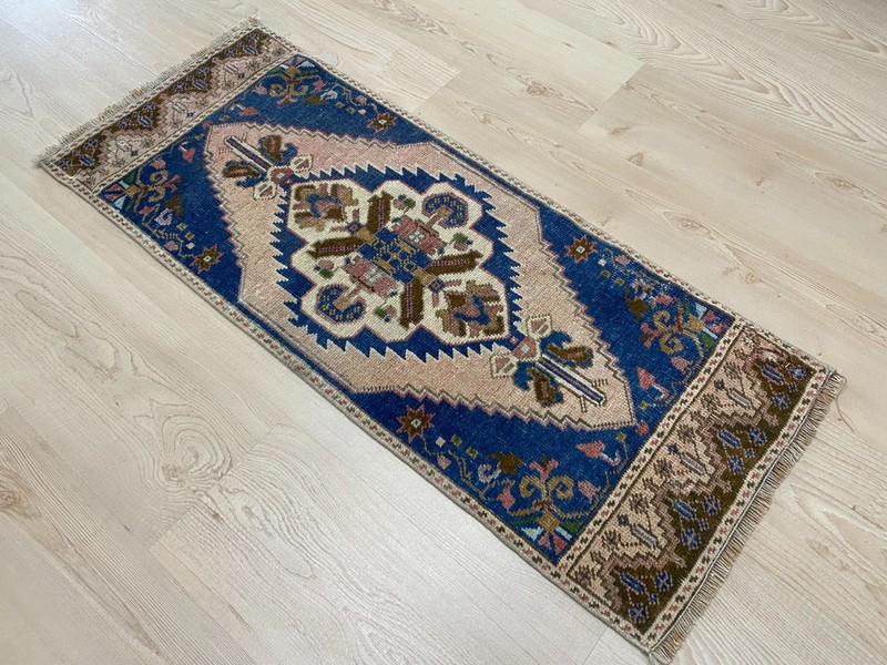 Narrow Turkish Small Rug 1.3 x 3.2 ft Vintage Wool Hallway Boho Carpet gallery