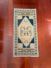 Anatolian 2×4 Accent Runner Blue Cream Brown Wool Vintage Hand Knotted Rug