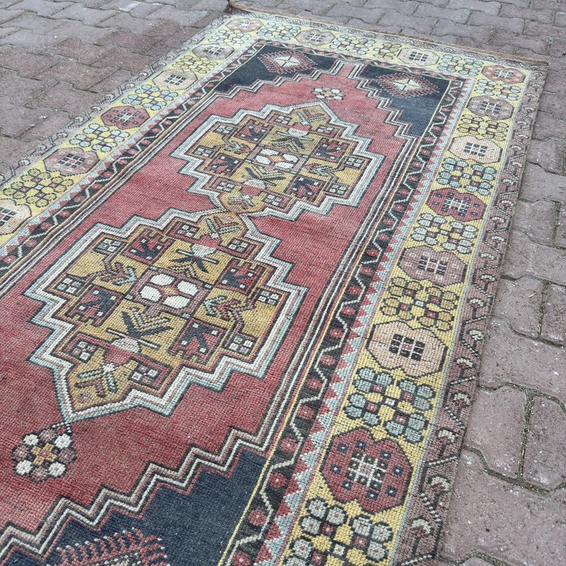 4x7 ft Brick Red Black Wool Vintage Turkish Geometric Oushak Kilim - Tariff Free gallery