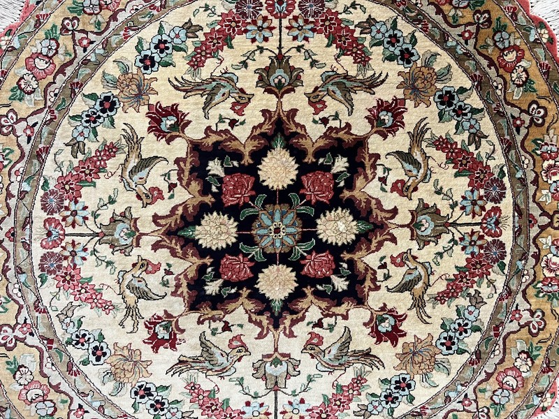 Silk Round Rug 3x3 Very Fine Handmade Carpet 380 KPSI Cream Gold Bird Pictorials gallery