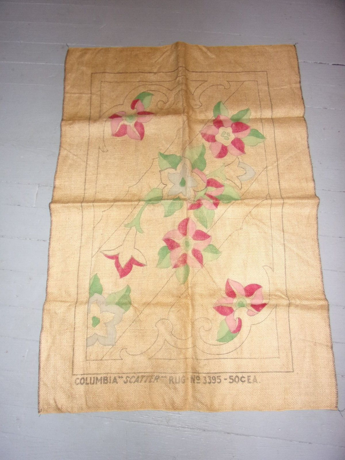 VINTAGE ARTS AND CRAFTS EMBROIDERY RUG PATTEN UNFINISHED COLUMBIA SCATTER 3395 gallery