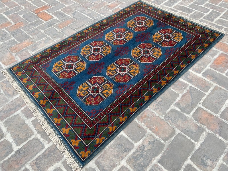 Blue Afghan Ersari Geometric Area Rug 4x6 ft Hand Knotted Tribal Bedroom Carpet gallery