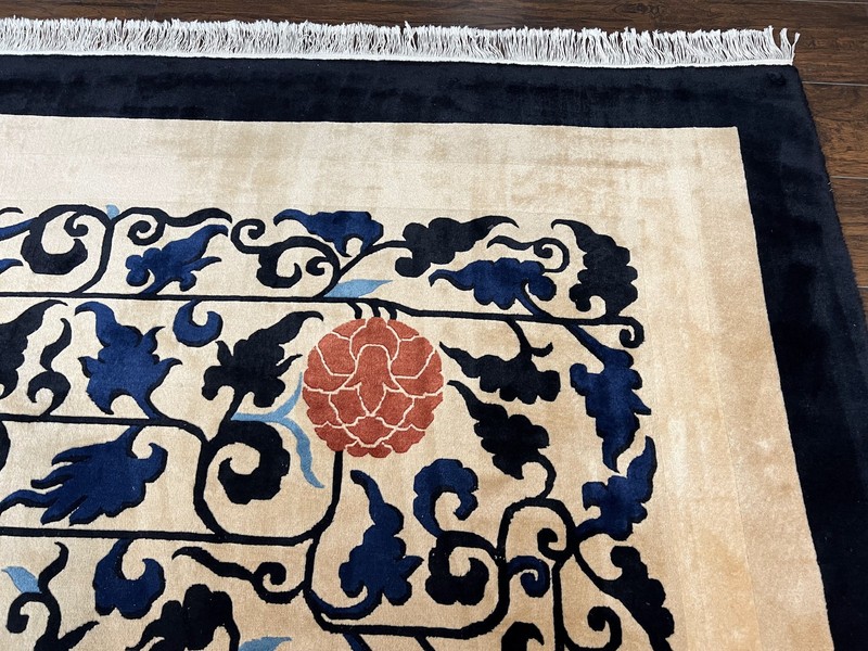 10x14 Chinese Peking Rug Allover Pattern Beige Black Blue Handmade Vintage 1940s gallery