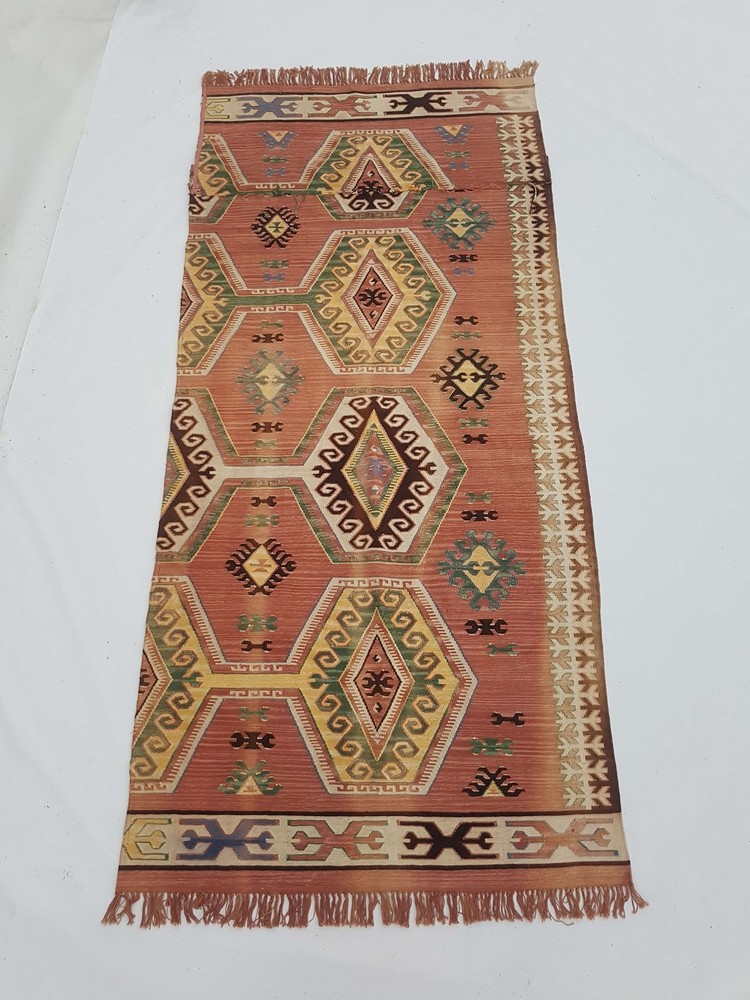 Vintage Handmade Traditional Figural Multicolor Kilim Floor Rug Carpet 282x133cm