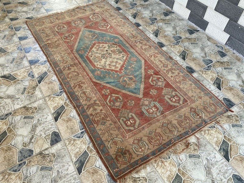 1970s Geometric Turkish Vintage Area, Tribal Handmade Anatolian Rug 3.3x7.5 ft gallery