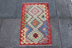 Kilim Vintage Traditional Hand Made Oriental Green Red Wool Small Kilim 91x59cm