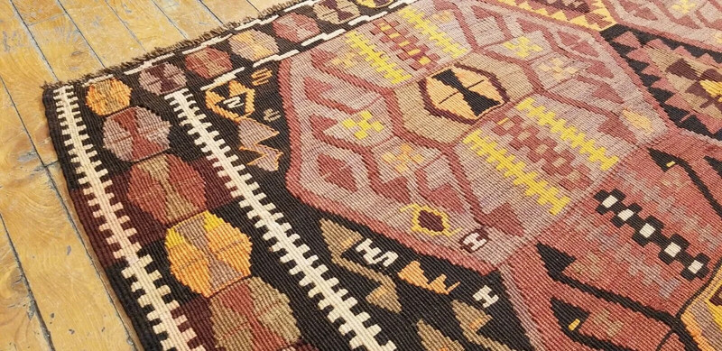 Bohemian 1900-1939s Antique Wool Pile Natural Dye Flat-Woven Kilim 4'4"×11'4" gallery