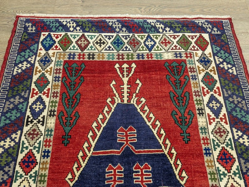 Vintage Turkish Anatolian Hand-Knotted Wool Prayer Rug Red Navy 4'3" x 5'11" ft gallery