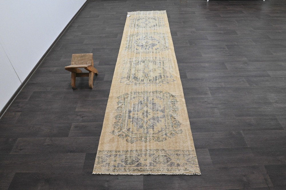 Vintage Turkish Runner Rug 3x12ft Wool Anatolian Handmade Hallway Oushak BEIGE