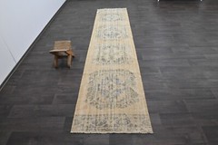 Vintage Turkish Runner Rug 3x12ft Wool Anatolian Handmade Hallway Oushak BEIGE
