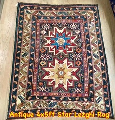Antique Rare 1880′ Caucasian Star Lezghi Kazak Rug 4x5ft Collectors Pc