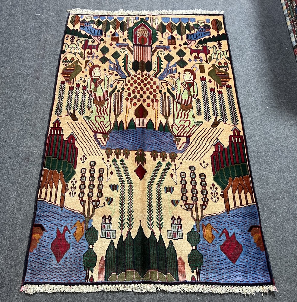 4x6 ft Afghan Hand-Knotted Pictorial Rug Tribal Geometric Design Wool Boho Decor