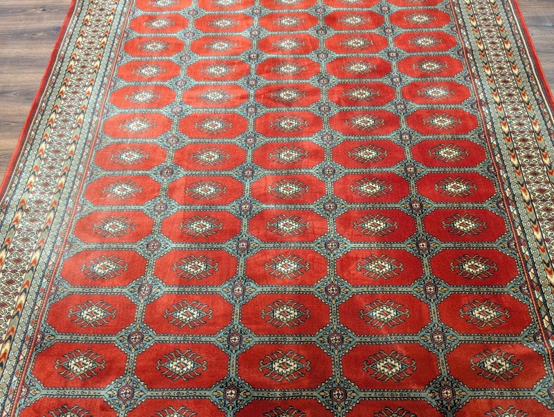 Turkoman Bokhara Rug 8x11, Tomato Red, Wool, Vintage, Belgium Power Loomed gallery
