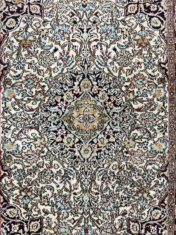 Silk Oriental Rug 4x5 Handmade Vintage Carpet Cream Navy Blue Very Fine 360 KPSI gallery