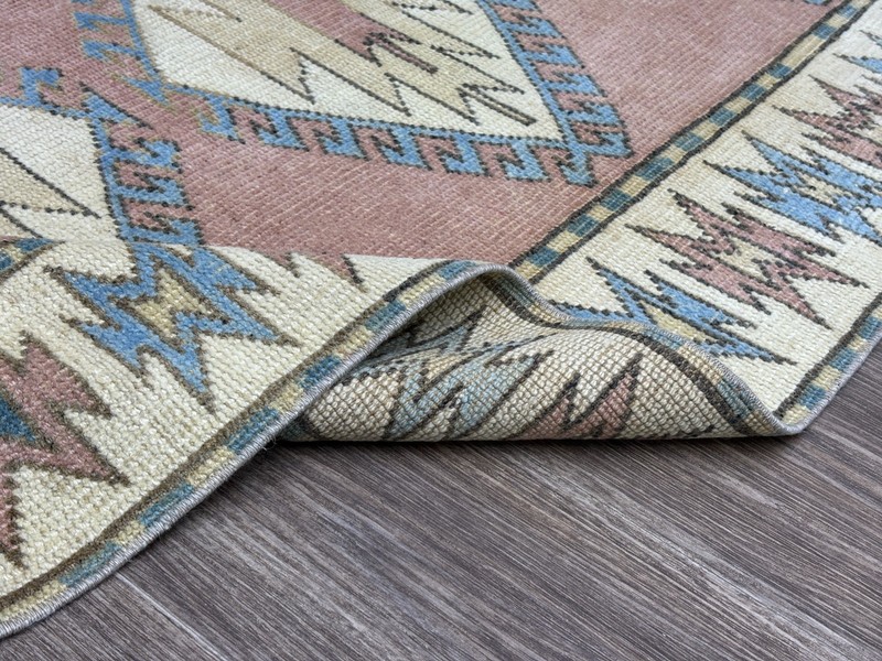 3x5 Pink Beige Blue Vintage Turkish Rug, Hand-Knotted Wool Rug, Small Oushak Rug gallery