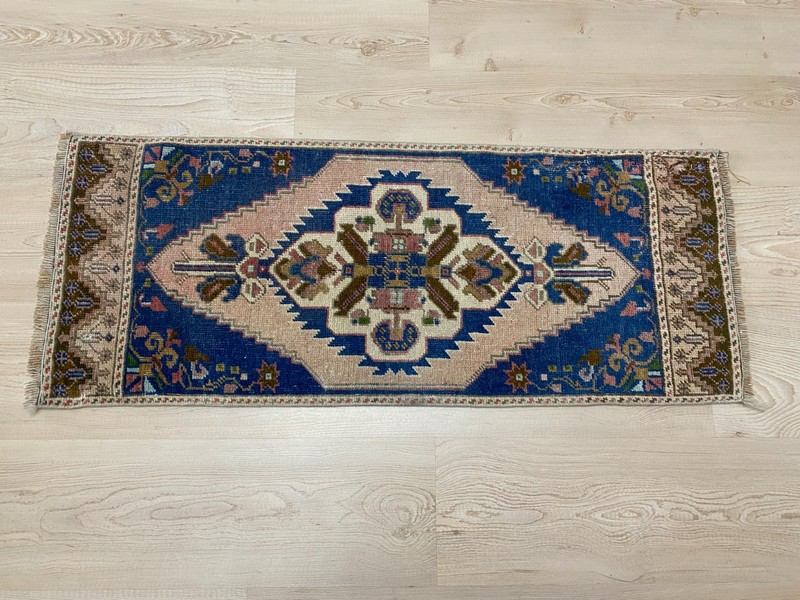Narrow Turkish Small Rug 1.3 x 3.2 ft Vintage Wool Hallway Boho Carpet gallery