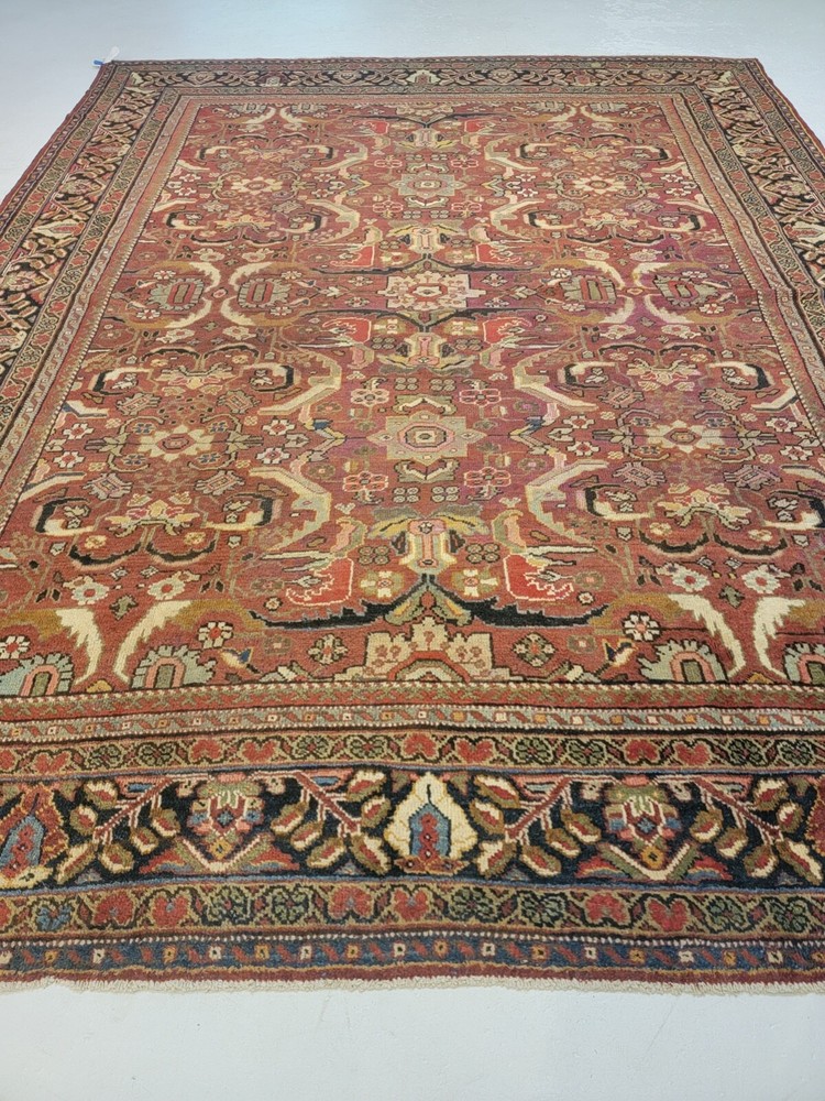 Antique Oriental Hand-Knotted Wool Area Rug Rust/Ivory/Blue/Green 9'5" x 11'2"