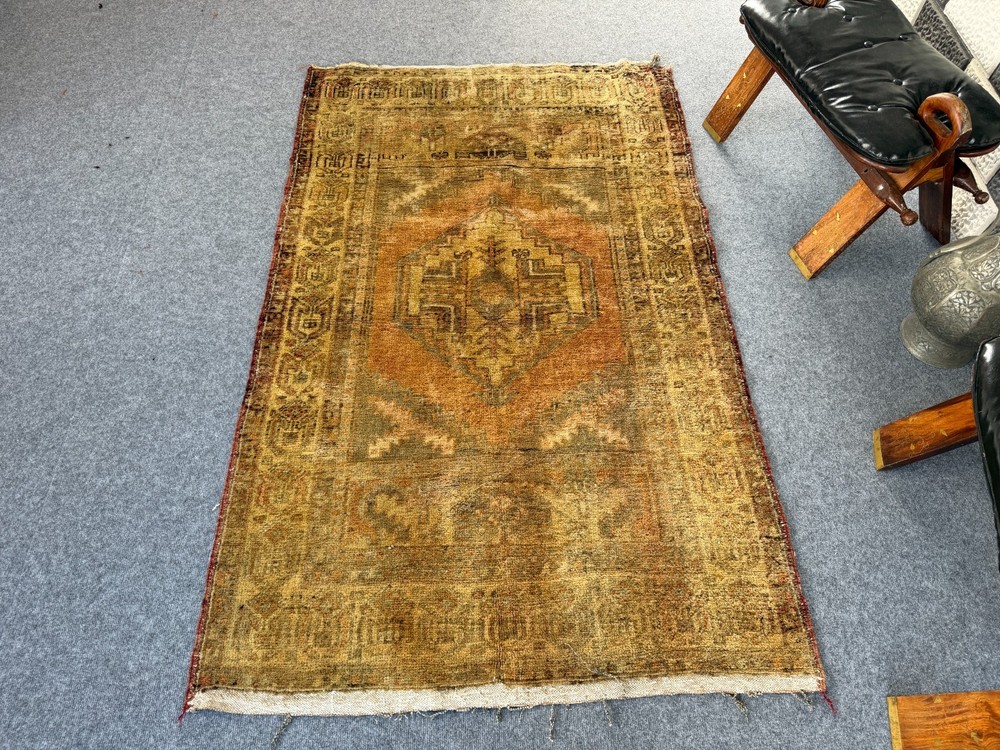 Vintage Handknotted Turkish Oushak Wool Rug 3x6 ft Faded Olive Copper Distressed